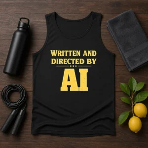 Top Written And Directed By AI Bold Text tank top in black with bold white lettering on front