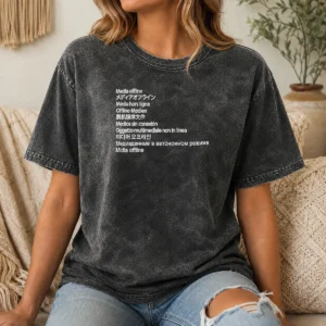 Official Media Offline International Languages Washed T Shirt in light faded color showing front design and soft fabric texture