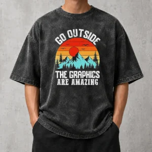 Pretty Go Outside The Graphics Are Amazing Retro Mountain Sunset Washed T-Shirt