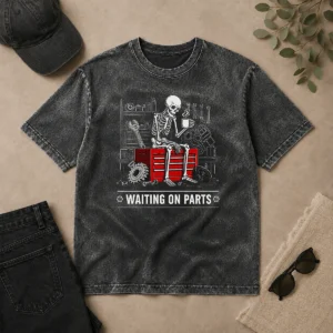 Hot Pretty Waiting On Parts Skeleton Mechanic Humor Washed T-Shirt