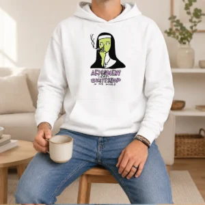 Official Smoking Nun Argument Worst Skateshop In The World Hoodie in black, featuring a bold graphic design on the front