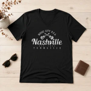 Nice Nashville Tennessee Country Music USA V Neck Shirt in white, soft fabric with short sleeves
