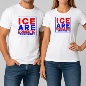 Pretty ICE Are Domestic Terrorists t shirt in black, short sleeve cotton tee with bold white text design