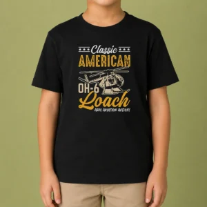 Premium Classic American Hughes OH 6 Cayuse Loach Arm Aviation Action Kids T Shirt in bright red, featuring detailed aviation graphics