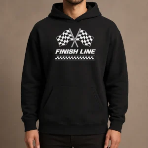 Funny Crossed Checkered Racing Flags Crossing Above Bold Finish Line Banner Hoodie in black cotton fabric with front pocket and drawstring hood