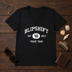 Nice Blipshift Track Team Est 2012 V Neck shirt in dark color with bold graphic print on front