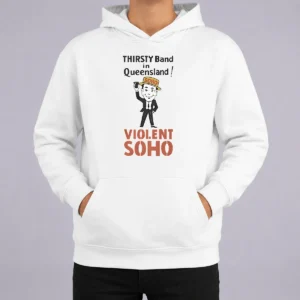 Good Pretty Violent Soho Mr Soho Thirsty Band Queensland Hoodie in charcoal gray, front view with kangaroo pocket and drawstring hood