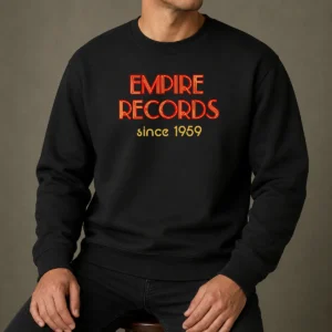 Pretty Empire Records Sweater in charcoal gray with bold logo print on front, cozy knit fabric