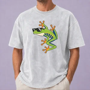 Top Cool Fun Cartoon Frog Sunglasses Summer Beach Washed T-Shirt