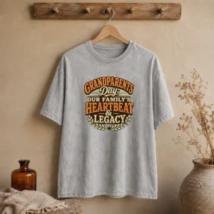 Pretty Grandparents Day Vintage Heartbeat Tribute Washed T Shirt in soft faded colors with heart and heartbeat design