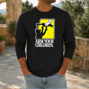 Pretty Black Cat With Gun Satire Arm Your Children long sleeve shirt featuring a bold black cat graphic with a humorous gun satire