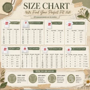 Pretty Thak Gayi size chart showing garment measurements in inches and cm for accurate sizing