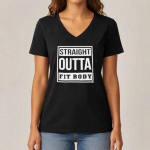 Hot Premium Straight Outta Fit Body Parody Pop Quote V Neck Shirt in black with white bold text design