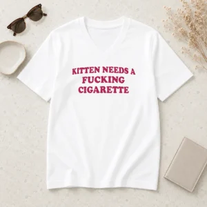Official Funny Embroidered Novelty Apparel Kitten Needs A Fucking Cigarette V-Neck Shirt