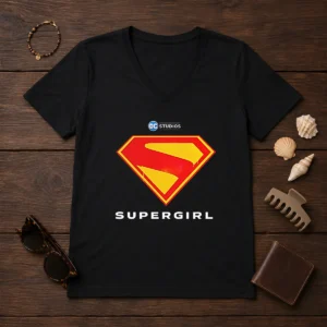 Premium Supergirl DC Studios Logo V Neck Shirt showing front design on a soft fabric V neck tee