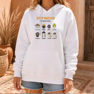 Good Stop Racism It'S Okay To Be From USA French African Chinese Canadian Nomad German Austrian Hoodie in black, front view with colorful text design