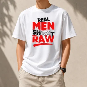 Original Real Men Shoot Raw Photography Camera Shutter Aperture t shirt in black with white graphic design