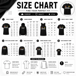 Size chart for Original Espana Spain National Heritage Coat Of Arms with measurements in inches and cm