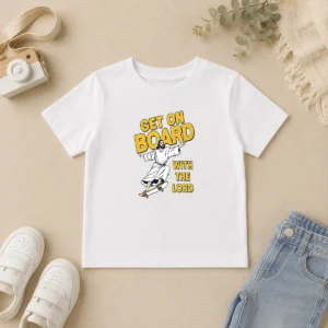 Premium Get On Board With The Lord Skateboarding kids t shirt in vibrant colors, featuring a skateboarding graphic