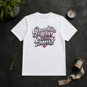Pretty Grandkids The Heart Of Our Family Y2K t shirt showing front design on a classic crew neck cotton tee