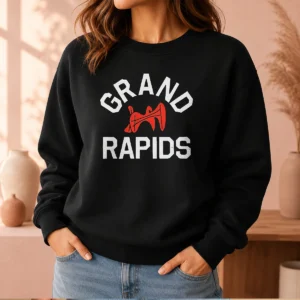 Funny Grand Rapids Michigan City Logo Sweater in charcoal gray with bold city graphic on front
