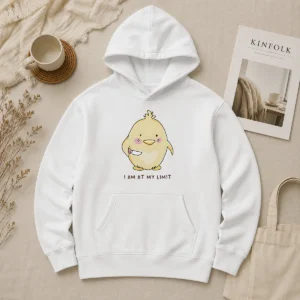 Hot Premium Yellow Chick Holding Knife I Am At My Limit Hoodie in bright yellow with front pouch pocket and drawstring hood