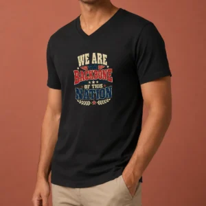 Funny We Are The Backbone Of This Nation Retro Distressed V Neck Shirt featuring a vintage-inspired graphic on a soft, fitted V neck garment