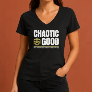 Nice Chaotic Good D20 Dice Good Intentions Questionable Methods V Neck Shirt in dark fabric with colorful dice graphic
