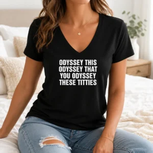 Pretty Odyssey This Odyssey That You Odyssey These Titties V Neck Shirt in soft fabric with flattering V neckline