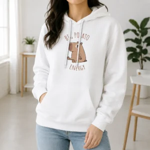 Hot Big Potato Energy Capybara Hoodie featuring a cozy pullover design with front pocket and adjustable drawstring hood