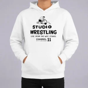 Premium Studio Wrestling Live From The WIIC Studios Channel 11 Pittsburgh Hoodie in black with front graphic print