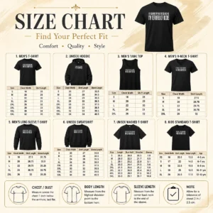 Size chart for Original I'M Terrified Of Boobs with measurements in inches and cm