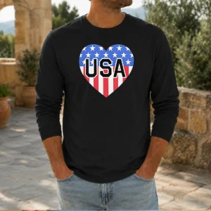 Pretty USA Heart Flag Emblem Patriotic Long Sleeve Shirt