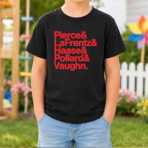 Official Pierce And Lafrentz And Haase And Pollard And Vaughn Kansas Jayhawks Basketball Roster kids t shirt in vibrant colors
