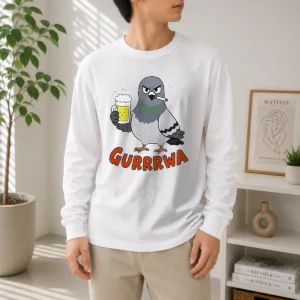Official Angry Pigeon With Beer And Cigarette long sleeve shirt featuring a bold graphic print on a comfortable cotton blend