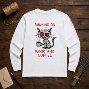 Official Running On Panic And Coffee Cat Caffeine Long Sleeve Shirt