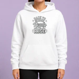 Pretty Back To School Ready To Rise Line Art Hoodie in soft fabric with front kangaroo pocket and adjustable drawstring hood