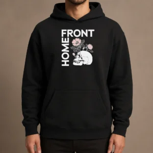 Good Official Homefront Skull Flowers Hoodie in black with floral skull design, front view