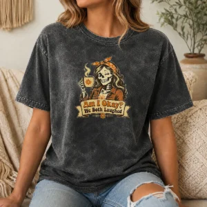 Pretty Good Cheeky Skeleton Girl Funny Coffee Quote Vintage Washed T Shirt in faded black with vintage print