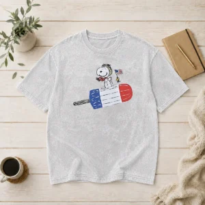 Funny Awesome Snoopy And Woodstock Fourth Of July Patriotic Rocket Pop ICE Cream Parody Washed T Shirt in soft vintage fabric