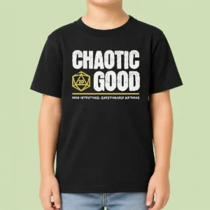 Nice Chaotic Good D20 Dice Good Intentions Questionable Methods Kids T Shirt featuring colorful dice graphic on a comfortable kids tee