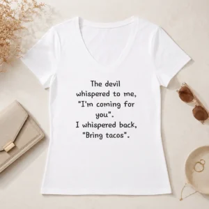 Good The Devil Whispered To Me I'M Coming For You I Whispered Back Bring Tacos V-Neck Shirt