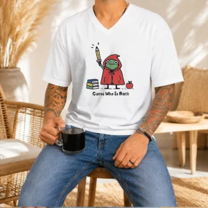 Premium Guess WHO Is Back Frog With Pencil And Books V-Neck Shirt