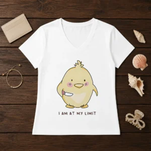 Top Yellow Chick Holding Knife I Am At My Limit V Neck Shirt in bright yellow on a women's fitted V neck tee