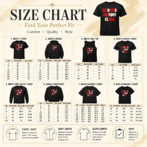 Size chart for Nice He Hates History Class showing garment measurements in inches and centimeters