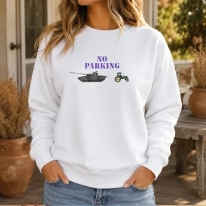Top No Parking For Russian Tanks Meme Sweater in black, featuring bold graphic text and a comfortable fit