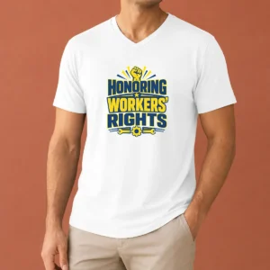 Happy Nice Labour Day Honoring Workers Rights Vector V Neck Shirt on white background showcasing a casual fit