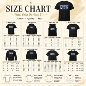 Size chart for Premium Fenway Park Boston Red Sox Fenway Punk with measurements in inches and cm