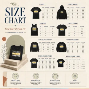 Size chart for Top Straight Outta Tennessee showing garment measurements in inches and centimeters