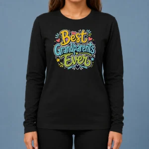 Pretty Best Grandparents Ever Doodle Typography Long Sleeve Shirt in white, front view with clear text and doodle design